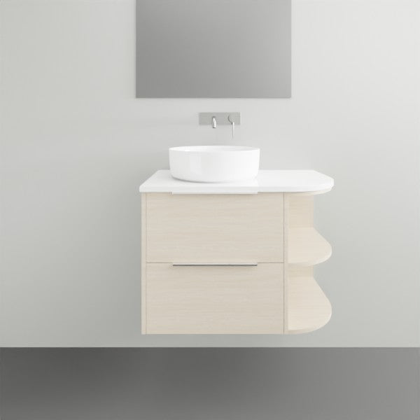 Marquis Avion wall hung vanity in light wood finish with white top, round basin and curved right shelves