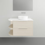 Marquis Avion wall hung vanity in light wood finish with white top, round basin and two curved open shelves