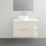 Marquis Avion wall hung vanity with white top, woodgrain finish, round basin and curved open shelves