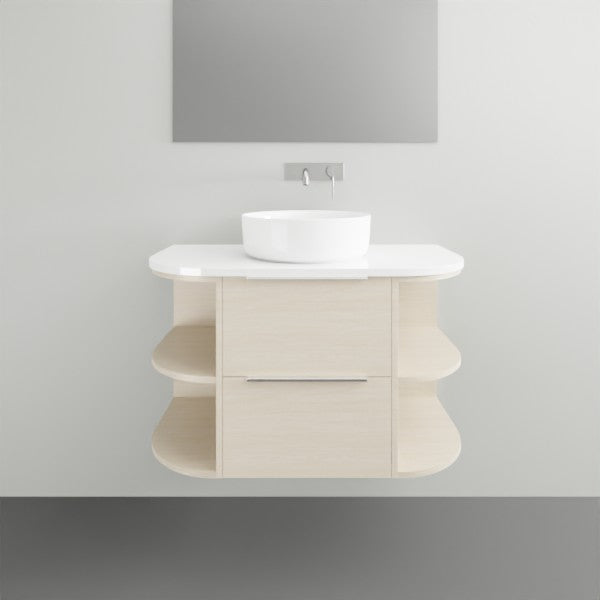 Marquis Avion wall hung vanity in light woodgrain finish with white top and round above-counter basin, front view