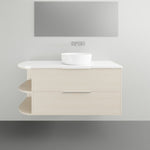 Marquis Avion wall hung vanity with white top, round basin and curved open shelves, shown in a light wood finish in bathroom setting
