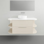 Marquis Avion wall hung vanity in light wood finish with white top, centre basin and curved open side shelves