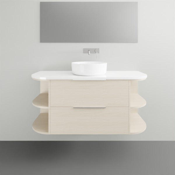 Marquis Avion wall hung vanity in light wood finish with white top, centre basin and curved open side shelves