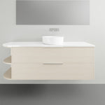 Marquis Avion wall hung vanity in light woodgrain finish with white top, basin and curved open shelves