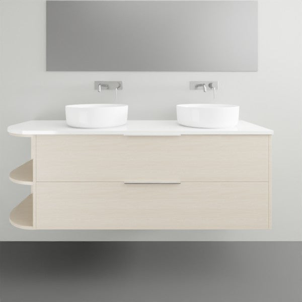 Marquis Avion wall hung vanity in light wood finish with white top, double basins, drawers and curved open shelves
