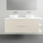 Marquis Avion wall hung vanity in light wood finish with white top, twin basins and curved right-side open shelves