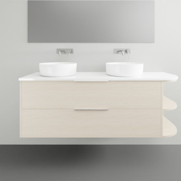 Marquis Avion wall hung vanity in light wood finish with white top, twin basins and curved right-side open shelves