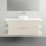Marquis Avion wall hung vanity in light wood finish with white top, basin and curved open shelves front view
