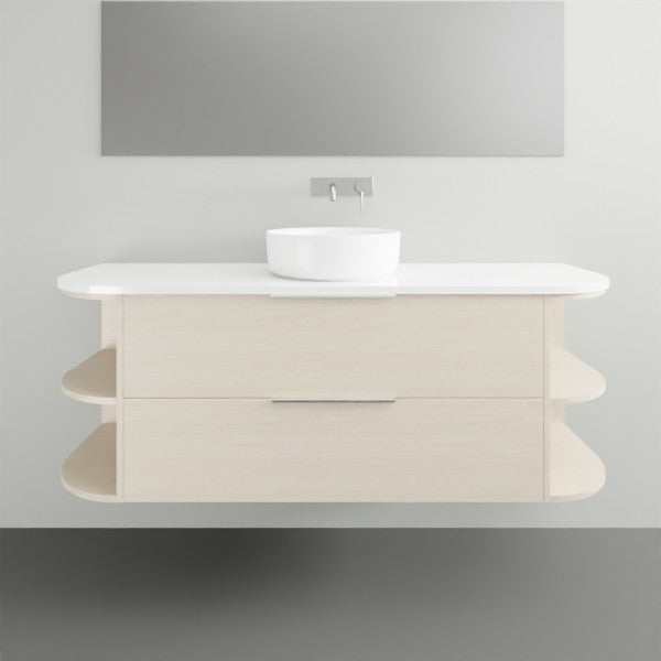 Marquis Avion wall hung vanity in light wood finish with white top, basin and curved open shelves front view