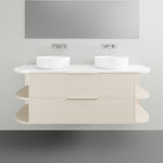 Marquis Avion wall hung vanity in light woodgrain with white top, double basins and curved open shelves