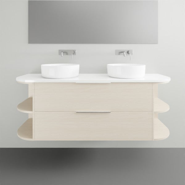 Marquis Avion wall hung vanity in light woodgrain with white top, double basins and curved open shelves