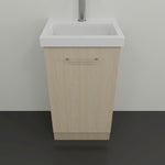 Marquis Caleta compact wall hung vanity in coastal oak with white ceramic top and chrome handle, front view