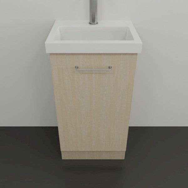 Marquis Caleta compact wall hung vanity in coastal oak with white ceramic top and chrome handle, front view