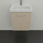 Marquis Caleta compact wall hung vanity in coastal oak with white ceramic top and chrome handle, front view