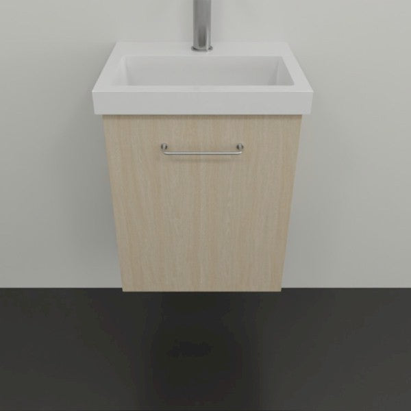 Marquis Caleta compact wall hung vanity in coastal oak with white ceramic top and chrome handle, front view