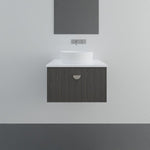 Marquis Chifley wall hung vanity in dark woodgrain with white top and above-counter basin in bathroom setting