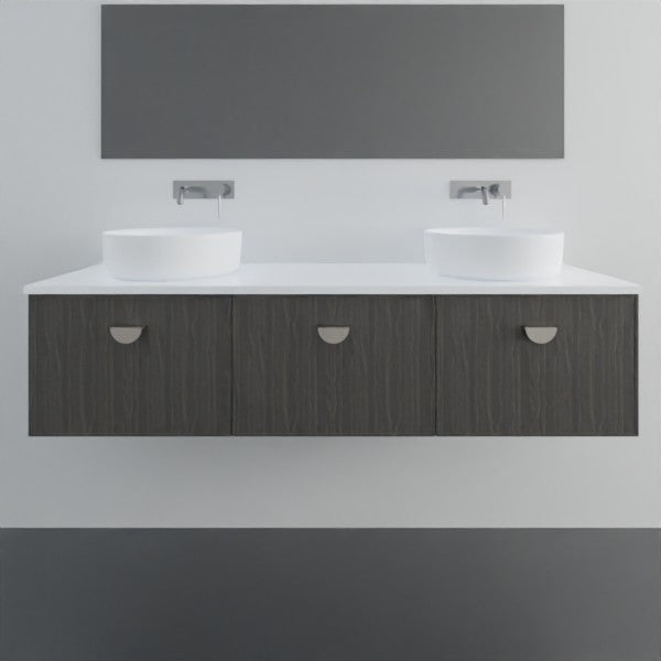 Marquis Chifley wall hung vanity in dark woodgrain finish with white top and double basins, front view