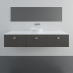Marquis Chifley wall hung vanity in dark woodgrain with white benchtop and above-counter basin in modern bathroom view