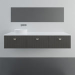 Marquis Chifley wall hung vanity with white top, timber-look drawers and round above-counter basin in a bathroom setting