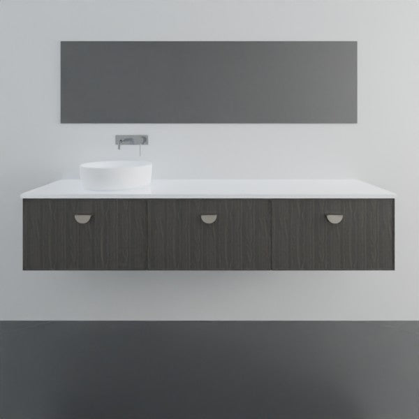 Marquis Chifley wall hung vanity with white top, timber-look drawers and round above-counter basin in a bathroom setting