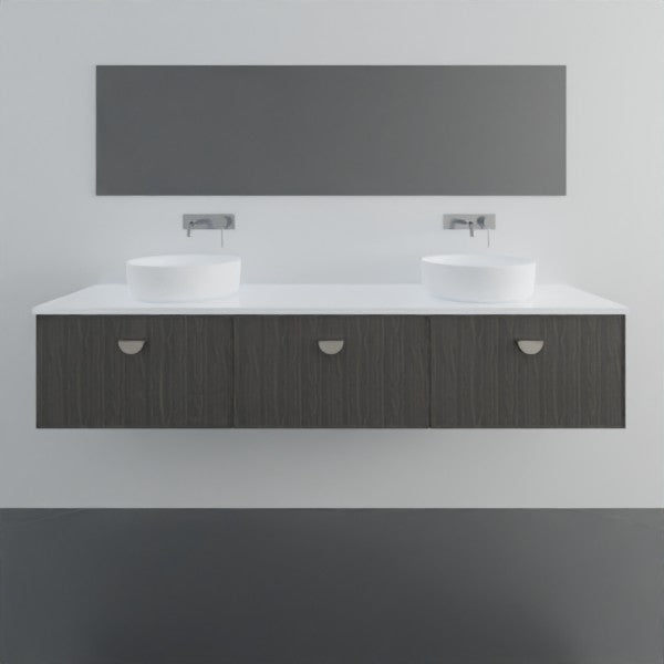 Marquis Chifley wall hung vanity with white top and dark woodgrain drawers, featuring two round above-counter basins