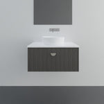 Marquis Chifley wall hung vanity in dark woodgrain with white benchtop and round above-counter basin, front view