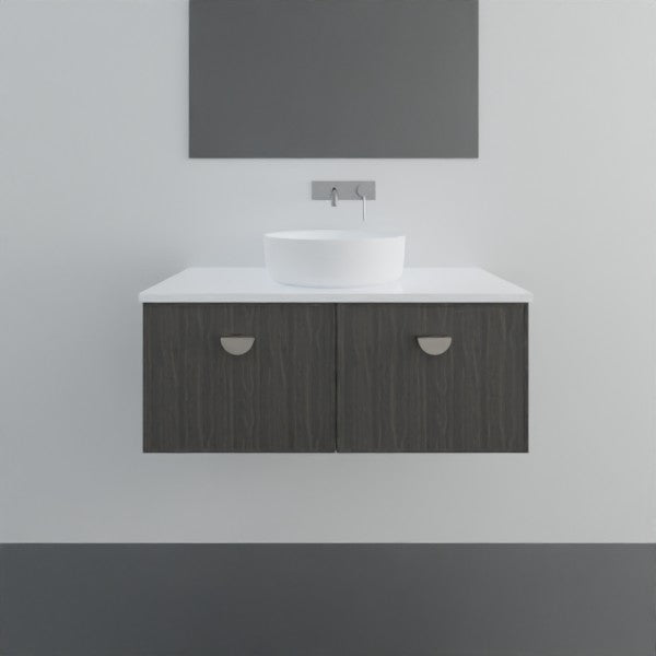 Marquis Chifley wall hung vanity with white benchtop, dark woodgrain drawers and above-counter basin, front view