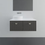 Marquis Chifley wall hung vanity in dark woodgrain with white top and round above-counter basin, front view
