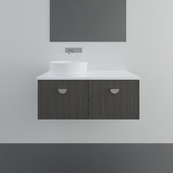 Marquis Chifley wall hung vanity in dark woodgrain with white top and round above-counter basin, front view