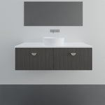 Marquis Chifley wall hung vanity with white benchtop, dark woodgrain drawers and above-counter basin, front view