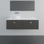 Marquis Chifley wall hung vanity with white benchtop, dark woodgrain drawers and round basin in front view