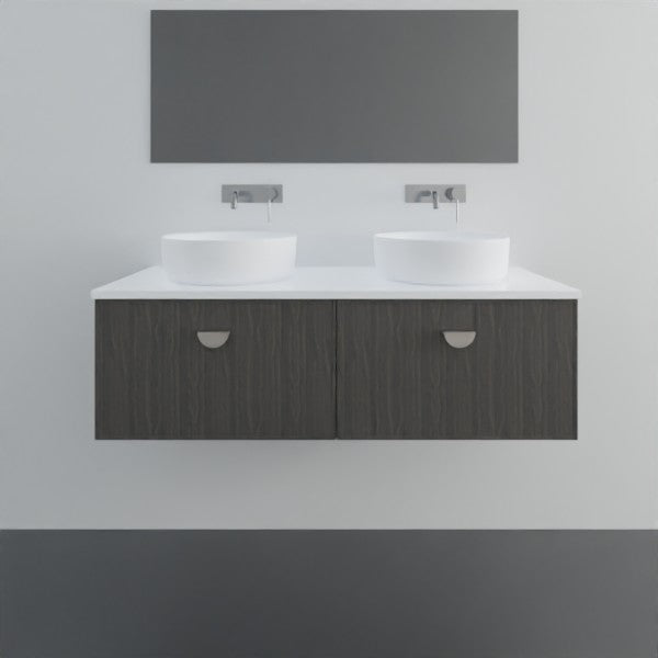 Marquis Chifley wall hung vanity in dark woodgrain finish with white top and double basins, front view