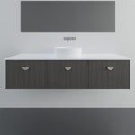 Marquis Chifley wall hung vanity in dark woodgrain with white benchtop and round basin, front view