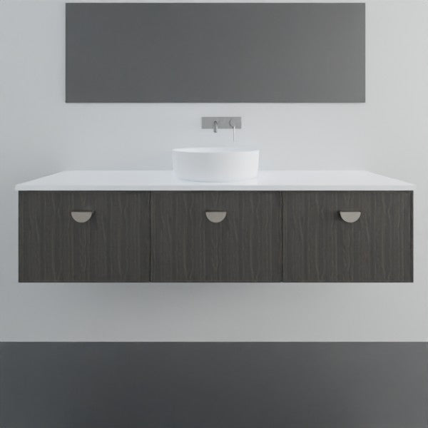 Marquis Chifley wall hung vanity in dark woodgrain with white benchtop and round basin, front view