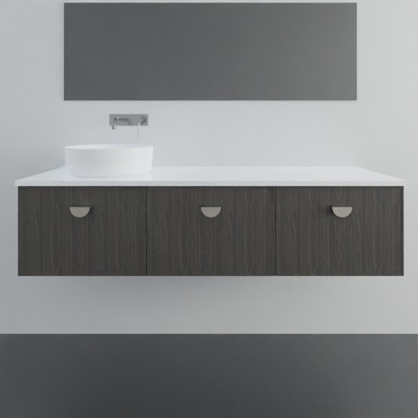 Marquis Chifley wall hung vanity with white benchtop, dark woodgrain drawers and round basin in a modern bathroom