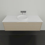Marquis Cove wall hung vanity in Prime Oak with white top, round above-counter basin and brushed brass handle.