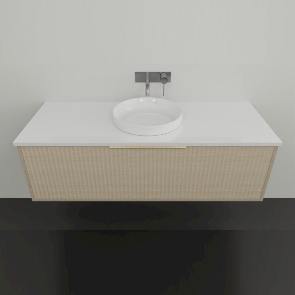 Marquis Cove wall hung vanity in Prime Oak with white top, round above-counter basin and brushed brass handle.