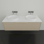Marquis Cove wall hung vanity with white top, fluted woodgrain cabinet and twin round above-counter basins
