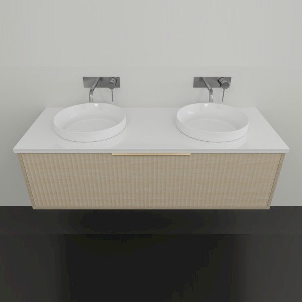 Marquis Cove wall hung vanity with white top, fluted woodgrain cabinet and twin round above-counter basins