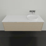 Marquis Cove wall hung vanity in prime oak with white top, above counter basin and brushed brass pull handle
