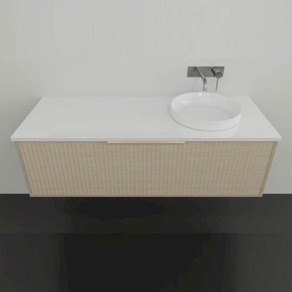 Marquis Cove wall hung vanity in prime oak with white top, above counter basin and brushed brass pull handle