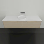 Marquis Cove wall hung vanity in light timber grain with white top and round above-counter basin, front view