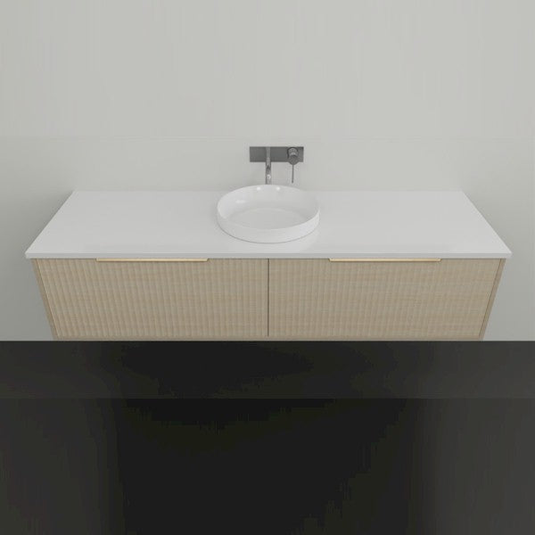 Marquis Cove wall hung vanity in light timber grain with white top and round above-counter basin, front view