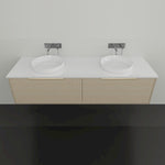 Marquis Cove wall hung vanity with white top, fluted woodgrain cabinet and two round basins, front view