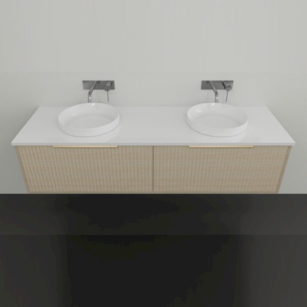 Marquis Cove wall hung vanity with white top, fluted woodgrain cabinet and two round basins, front view