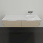 Marquis Cove wall hung vanity in Prime Oak with white benchtop and round above-counter basin, front view
