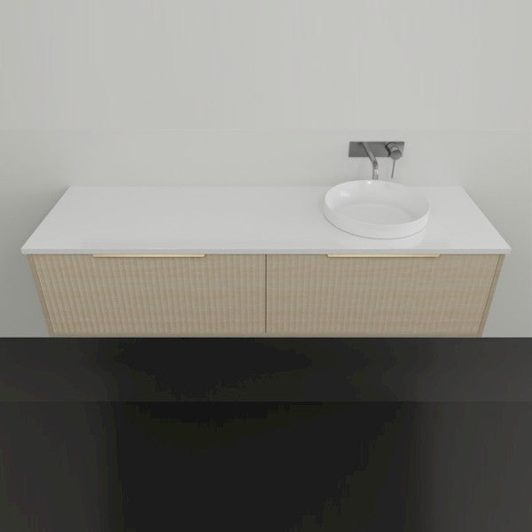 Marquis Cove wall hung vanity in Prime Oak with white benchtop and round above-counter basin, front view