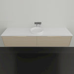 Marquis Cove wall hung vanity with white top, fluted timber grain cabinet and round above-counter basin