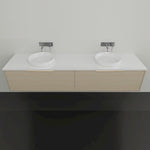 Marquis Cove wall hung vanity with fluted timber-look cabinets, white top and twin round above-counter basins