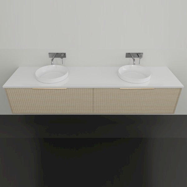 Marquis Cove wall hung vanity with fluted timber-look cabinets, white top and twin round above-counter basins